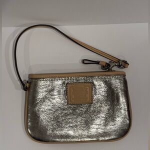 Coach Bags | Coach‎ Metallic Silver Leather With Tan Trim Large Wristlet Pouch